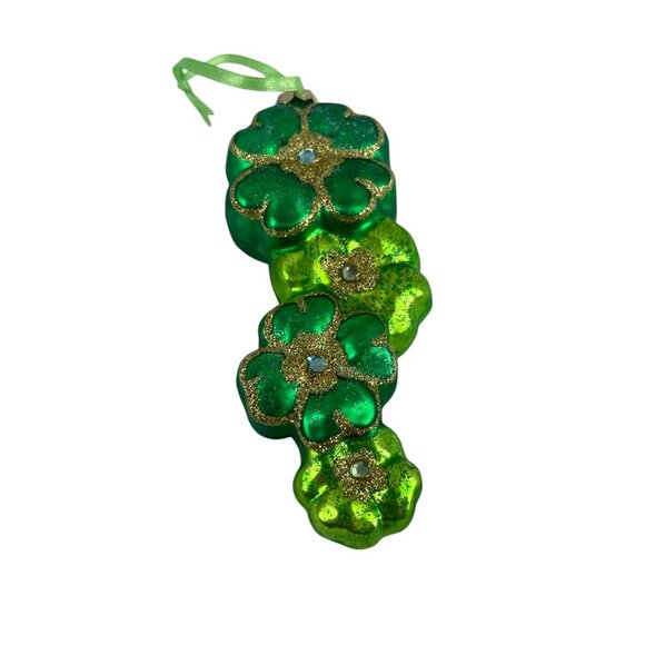 Green Shamrock Clover Hanging Ornament With Glitter Accents & Ribbon Hanger - Picture 8 of 8